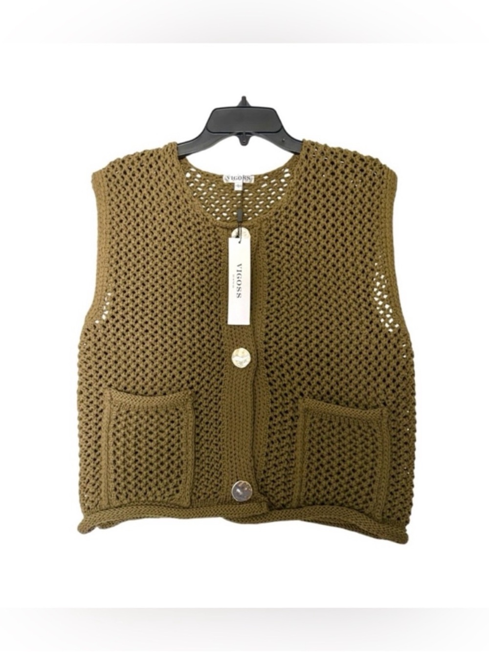 VIGOSS Olive Knit Openwork Button Vest